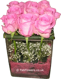 Pink Roses in a Square Vase - Fab Flowers